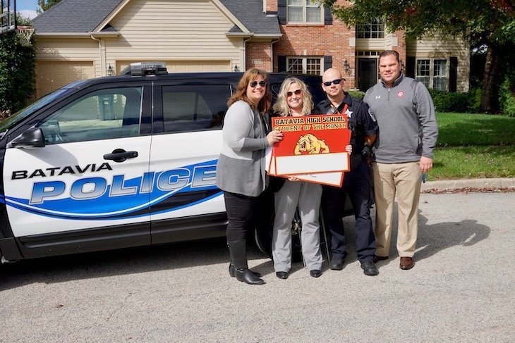 <p>Office Howe delivering “Student of the Month” yard signs with BHS Principal Dr. JoAnne Smith, Assistant Principal for Student Support Tara Jerbi, and Dean Christopher Payton.</p>
