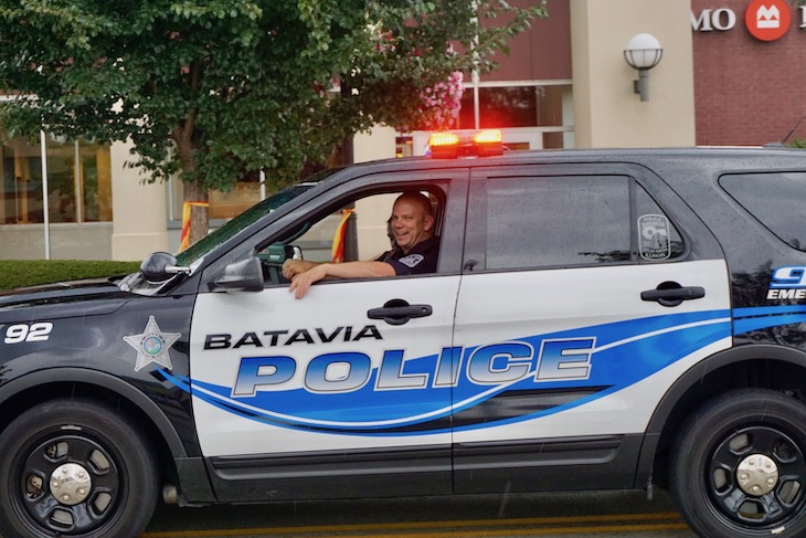 <p>Officer Justin Howe leading the way at the 2018 BHS Homecoming Parade.</p>
