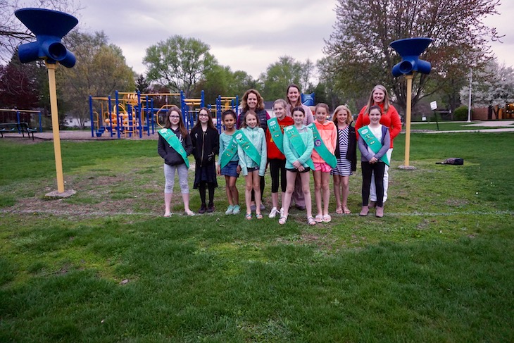 <p>Troop 711 members and leaders (back row, from left: Maura Hirschauer, Ellen Kohlmeir, and Shauna Huck) on the JBN grounds where the Gaga Ball pit will be installed. </p>
