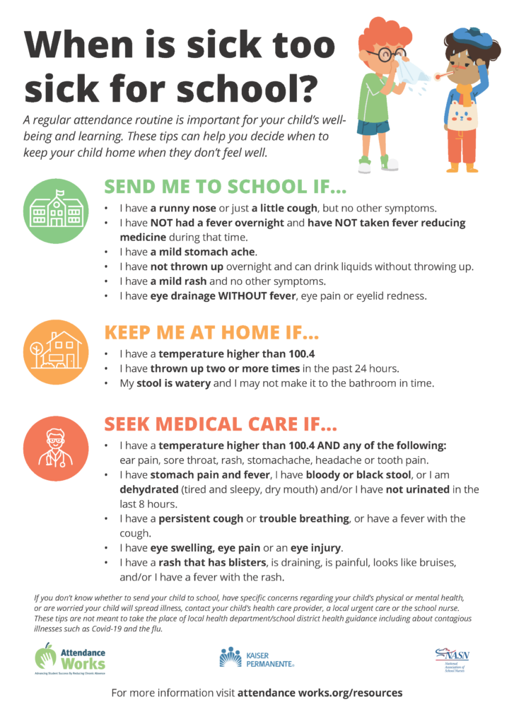 This image characterizes information on when you should send students to school, keep them home, or seek medical care. Details can be found within this webpage.