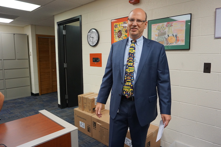 <p>You can always count on LWS Principal Dr. Kevin Skomer to wear the coolest tie on the first day of school!</p>
